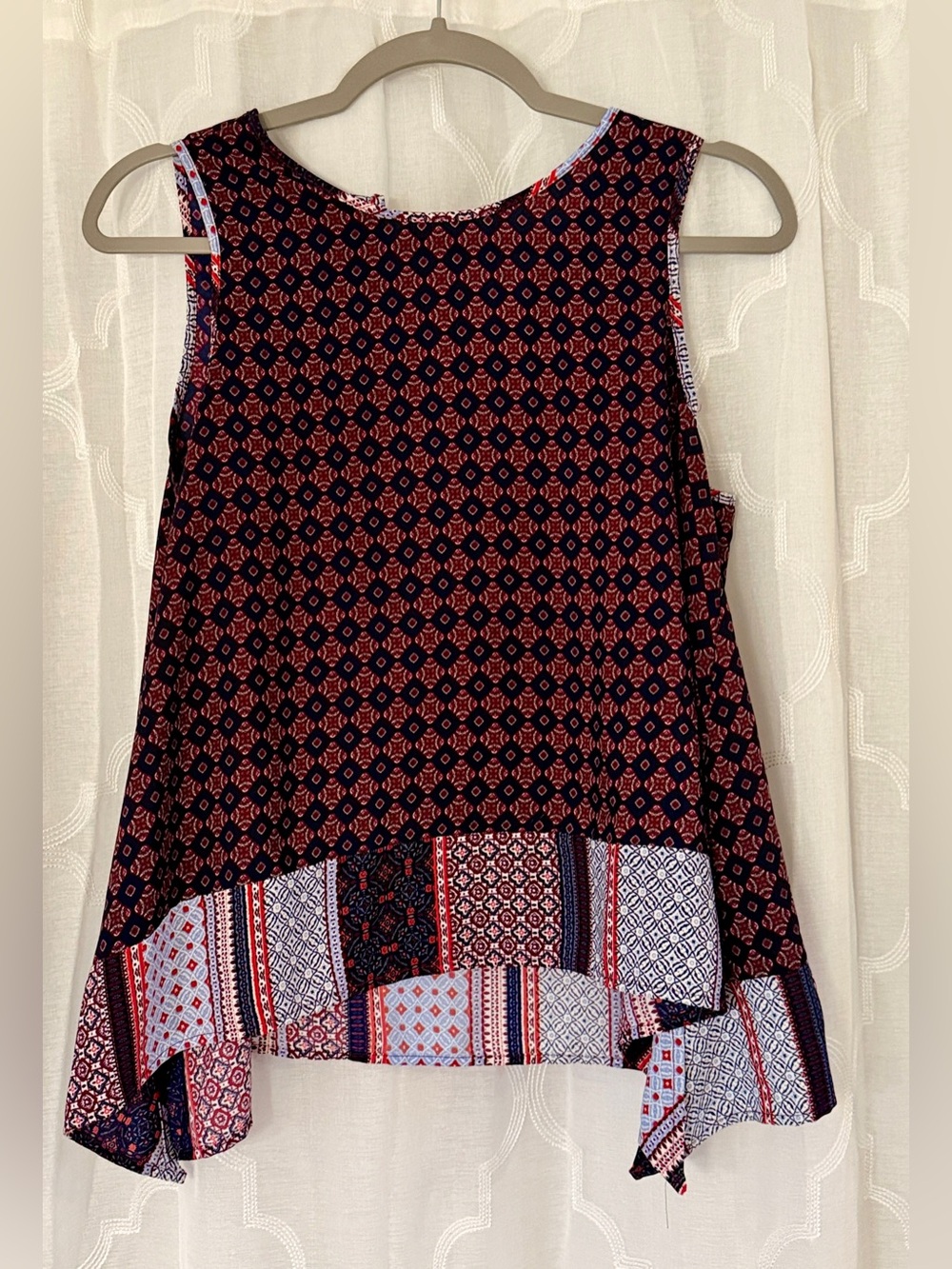 Monteau Red & Navy Mixed Print Asymmetrical Tank Top | Medium
